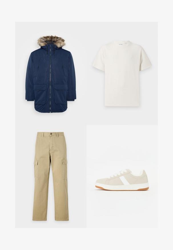 Navy parka jacket with fur-lined hood, zipper closure, and two large front pockets, featuring a smooth fabric and a relaxed fit.; White short-sleeve T-shirt in a ribbed texture. Round neckline, relaxed fit, no visible patterns or accents. Simple and versatile design.; Beige cargo pants made of cotton, featuring two side pockets, a button closure, and straight legs with a slightly textured fabric.; Beige sneaker with white accents, suede texture, rounded shape, lace-up design, and a contrasting gum rubber outsole.