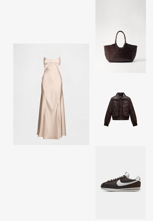 Brun læder bomberjakke med krave, to frontlommer, ribbede manchetter og kant, der har en glat tekstur og minimale sømme.; Satin slip dress i nude med en tætsiddende liv og en udfladet kant. Har tynde, krydsede stropper og en glat, slank tekstur.; Brune og grå Nike sneakers med hvide accenter; læder- og ruskindsmaterialer; teksturerede såler; grå snørebånd; klassisk retrodesign.; Vævet brun tote taske med en afrundet top og to håndtag. Har et struktureret mønster med en bred, åben struktur for nem adgang.