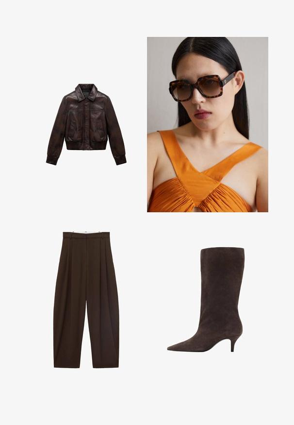Bruine leren bomberjack met een kraag, twee voorzakken, geribbelde manchetten en zoom, met een gladde textuur en minimale naden.; Beige trui van zacht materiaal, met een ronde halslijn en lange mouwen. Eenvoudig ontwerp zonder patronen of versieringen.; Bruine high-waisted broek met plooien, gemaakt van soepel materiaal. Loose fit, rechte pijpen, met riemlussen en een ritsluiting.; Bruine suède kniehoogte laars met een spitse neus en een mid-hoge hak, met een gladde textuur en een slank ontwerp.; Bruine schildpadoversized zonnebril met een brede rechthoekige rand en gradient lenzen. Gouden logo-detail aan de zijkant.; Bruine suède handtas met een lange leren schouderband, zilveren hardware, een rechthoekige vorm en een platte flap met een centrale versiering.