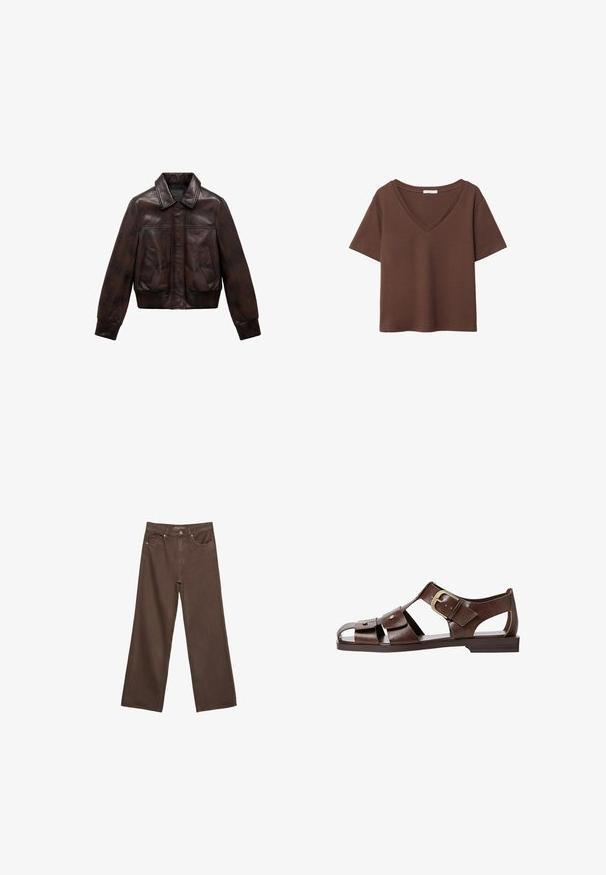 Giacca bomber in pelle marrone con colletto, due tasche frontali, polsini e orlo a coste, caratterizzata da una superficie liscia e cuciture minime.; T-shirt in cotone marrone con maniche corte e scollo a V profondo. Design semplice, texture morbida e orlo dritto. Senza fantasie o dettagli.; Jeans a gamba larga marroni in denim, con vita alta, tasche anteriori e chiusura a bottone classica. Tessuto liscio con cuciture sottili.; Sandal in pelle marrone con un design a intaglio, cinturino laterale regolabile e suola piatta, con dettagli metallici e punta aperta.