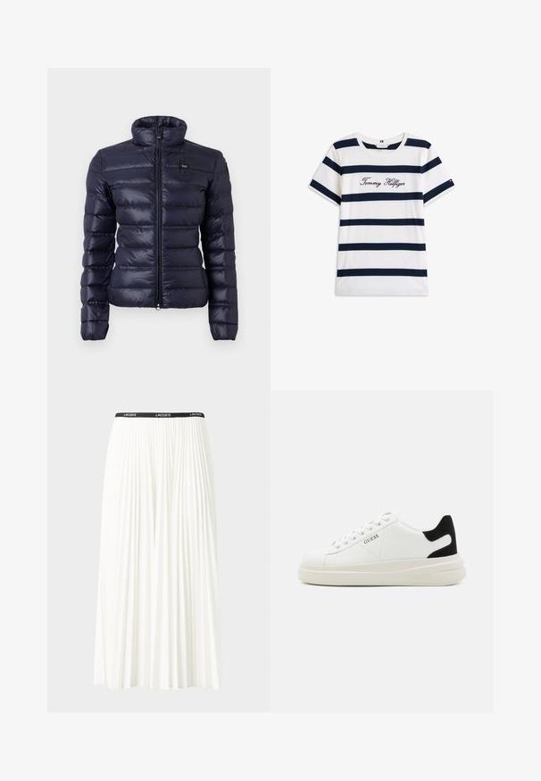 Tumši zila pūkainā jaka ar augstu apkakli, horizontālu izšuvumu, priekšējo rāvējslēdzēju un logo uz krūšu. Mīksts, spīdīgs materiāls.; Kokvilnas T-krekls ar horizontālām tumši zilām svītrām uz balta fona. "Tommy Hilfiger" izšūts skriptā uz krūšu daļas. Cauruma apkakle.; Gari plānas baltas svārku ar melnu elastīgu jostu, uz kuras redzams "LACOSTE" logo. Vidēja garuma dizains ar mīkstu tekstūru.; Baltas ādas sporta apavi ar biezu balto zoli, melna zamša uzpura un izspiestais logotips sānos. Šņorējuma dizains ar sešiem acu caurumiem.