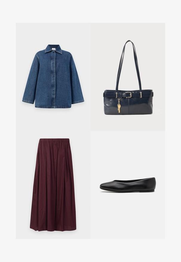 Dark blue denim jacket featuring a collar, front button closure, and loose fit with long sleeves. Smooth texture and minimal stitching detail.; Striped short-sleeve t-shirt, made of lightweight cotton blend, featuring light beige and off-white stripes, round neckline, and soft texture.; Burgundy midi skirt with an elastic waistband, featuring pleats for volume and a smooth, matte texture. No pockets or additional embellishments.; Paul Smith TOPANGA - Ballet pumps - black; Navy leather handbag with two long handles, a buckle detail, and a keychain attached. Features a smooth texture and a rectangular shape.