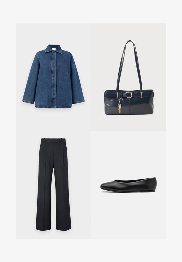 Temno modra denim jakna s ovratnikom, sprednjo gumbasto zapiranje in ohlapnim krojem z dolgimi rokavi. Gladka tekstura in minimalne šivane podrobnosti.; Črtasta majica s kratkimi rokavi, izdelana iz lahkega bombažnega testa, z svetlo bež in off-white črtami, okroglo izrezom in mehkega teksturo.; Temno modri hlače s pinstripi, visokim pasom, širokimi nogami in brez vidnih kovinskih delov ali okrasnih elementov. Gladka tekstura in prilagojen kroj.; Paul Smith TOPANGA - Balerinke - black; Mornarska usnjena torbica z dvema dolgima ročajema, dodatkom z zaponko in pritrjeno ključavnico. Ima gladko teksturo in pravokotno obliko.