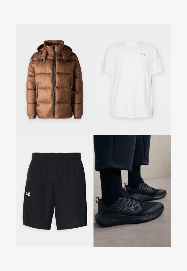 JOOP! AMBRO - Winterjacke - rust; Weißes kurzärmeliges Sportshirt aus glattem Material. Mit Rundhalsausschnitt und grauem Logo auf der linken Brust, sowie seitlichen Schlitzen am Saum.; Schwarze Sportshorts aus leichtem Material mit elastischem Bund und einem weißen Logo auf der linken Seite.; Person in schwarzen Sport Sneakers mit strukturierten Seiten und Logo, kombiniert mit schwarzen Socken und kürzeren Hosen auf einem hellen Boden.