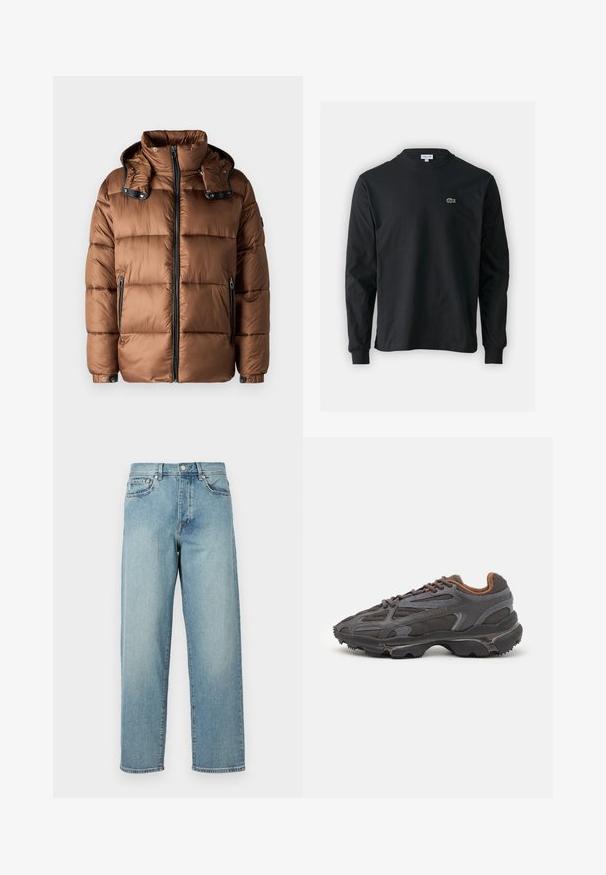 JOOP! AMBRO - Zimní bunda - rust; Černé dlouhé rukávy triko vyrobené z bavlny, s kulatým výstřihem a malým zeleným vyšitým logem krokodýla na levé hrudi.; Svetle modré džíny s volným střihem, rovnými nohavicemi, designem s pěti kapsami a zapínáním na knoflík v pase. Minimalistické detaily šití.; Sněrovací boty Lacoste v tmavě šedé barvě s síťovinou a syntetickým materiálem, prezentující texturovanou podrážku a hnědé detaily na límci a logu.