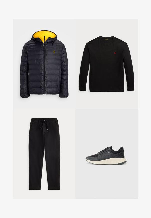 Polo Ralph Lauren THE COLDEN REVERSIBLE JACKET - Jachetă de iarnă - black/slicker yellow; Tricou negru cu mânecă lungă din bumbac. Are guler rotund, manșete ribbificate și un mic logo roșu brodat pe piept. Textură netedă.; Pantaloni negri casual cu talie elastică, șnur de ajustare, buton în față și buzunare laterale, prezentați pe un fundal simplu.; Adidași sport negri cu un material superior din plasă cu perforații, o talpă intermediară texturată în crem și o talpă din cauciuc pentru aderență.