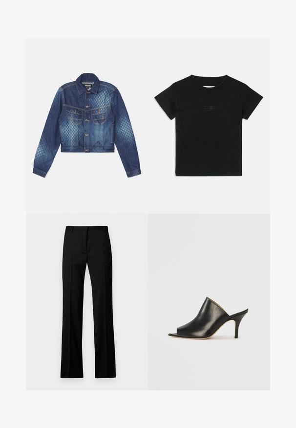 Džínová bunda s krátkým střihem, klasickým límcem a dvěma náprsními kapsami. Doplňky v modré barvě s lehkým a tmavým diamantovým vzorem.; Černé bavlněné tričko s krátkým rukávem, kulatým výstřihem a malým grafickým potiskem ve světlejším odstínu na přední straně.; Černé kalhoty rovného střihu z hladkého materiálu, s plochým předním dílem, poutek na opasek a bez viditelných kapes nebo ozdob.; Černé kožené otevřené muly s elegantním, zakřiveným designem, vysokým jehlovým podpatkem a hladkou texturou. Interiér má kontrastní světlou barvu.