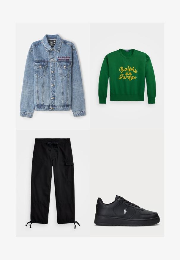 Světle modrá džínová bunda s špicatým límcem, zapínáním na knoflíky, dvěma náprsními kapsami a vyšitým logem "Billionaire Boys Club".; Zelená mikina s kulatým výstřihem, s žlutě vyšitým textem "Ralph's Garage" a detaily šachovnicové vlajky. Materiál z bavlny a syntetiky.; Černé cargo kalhoty s elastickým pasem a šňůrkou. Obsahují boční kapsy a nastavitelné manžety s přezkami. Vyrobené z lehkého materiálu.; Černé kožené tenisky s perforovaným designem, plochým šněrováním a bílým vyšitým logem na boku. Tlustá černá gumová podrážka.