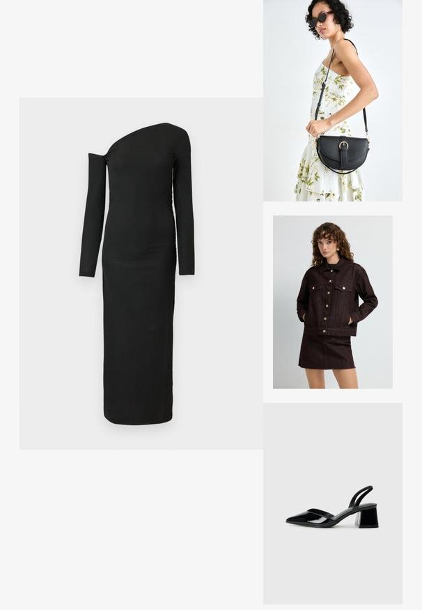 Donkerbruine spijkerjack met twee voorkruiden en gouden knopen, gecombineerd met een bijpassende rok met een rafelige zoom. Soepele textuur.; Zwarte, nauwsluitende, lange mouw jurk met een asymmetrische halslijn en geplooide zijdetail, gemaakt van ribbelstof.; Zwarte gepatineerde leren slingback hakken met een spitse neus en een geometrische blokhak. Kenmerkt zich door een slank, minimalistisch ontwerp en een gladde textuur.; Zwarte leren handtas met een gebogen vorm, afneembare schouderband en gouden hardware. De tas heeft een klep met een gespsluiting.