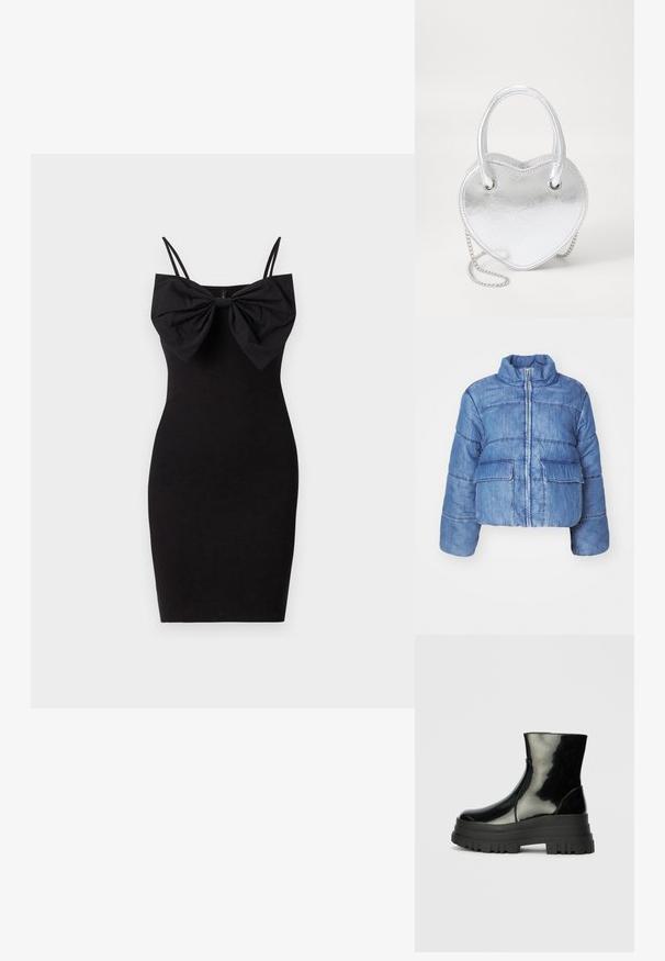 Kuttet blå denim pufferjakke med høy krage, frontglidelås, to store lommeposer og sømdetaljer overalt.; Svart tettsittende kjole med en stor sløyfedetalj ved utringningen, med tynne justerbare stropper og en glatt, elastisk tekstur.; Svart, blank ankelstøvel med tykk såle og rund tå, sett fra siden på en enkel, lys grå bakgrunn.; Sølv metal hjerteformet håndveske med doble håndtak, kjedehank og jevn tekstur. Har metallhardware og sømmede kanter.