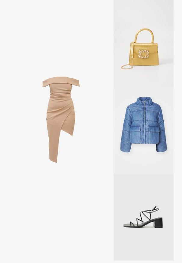 Casaco puffer azul de ganga, encurtado, com colarinho alto, fecho na frente, dois grandes bolsos de aplicação e detalhes cosidos por todo o lado.; Vestido assimétrico à gola um ombro em bege, com textura franzida e uma bainha diagonal de um lado, feito de tecido elástico.; Sandálias pretas com tiras, com bico quadrado e salto grosso, feitas de um material suave. Apresentam tiras ajustáveis no tornozelo e hardware minimalista.; Bolsa amarela em pele de crocodilo falsa, com um design estruturado, pega no topo, alça de corrente removível e decoração de cristal no fecho.