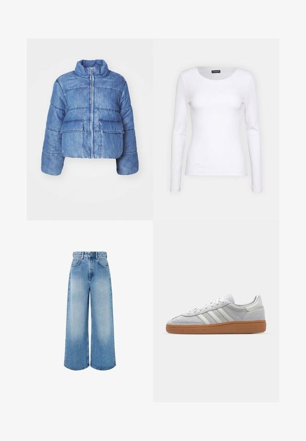 Iškirptas mėlynas džinsinis pūkinis švarkas su aukštu apykakliu, priekiniais užtrauktukais, dviem didelėmis kišenėmis ir siuvinėjimu visame švarke.; Balta, raukšlėta ilgarankovė palaidinė su apvalia iškirpte. Pagaminta iš elastingos medžiagos, kuri prisitaiko prie kūno. Pasipuošusi subtiliomis horizontaliosiomis linijomis.; Šviesiai mėlynos plačios kojų džinsinės kelnės, pagamintos iš džinsinio audinio, su aukštu liemeniu, mygtukų užsegimu ir subtiliu išblukimu, turinčiu švarius apdailos kraštus.; Šviesiai pilki zomšiniai sportbačiai su baltais odiniais akcentais, trimis baltomis juostelėmis ir rudą guminę pada, turintys paminkštintą apykaklę patogumui.