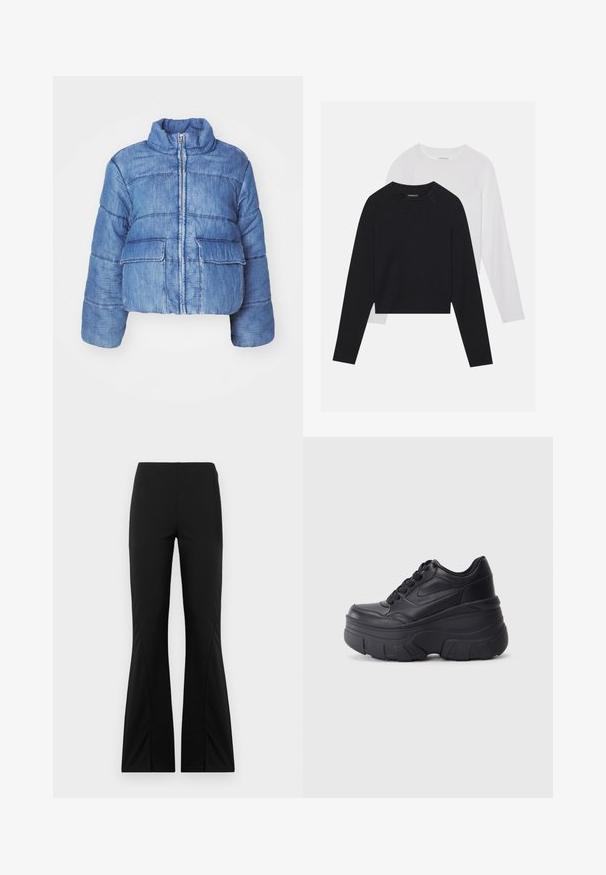 Kurtā no zila džinsa auduma, kas ir saīsināta, ar augstu apkakli, priekšējo rāvējslēdzēju, divām lielām kabatām un izšuvumiem visā virsmā.; Divas garām piedurknēm krekli: viens melns un viens balts. Abiem ir apaļa izgriezne, raglanu piedurknes un mīksta kokvilnas maisījuma audums.; Melni izplekti bikses, izgatavotas no elastīgas auduma, ar gludu tekstūru, pielāgotu piegriezumu un sadalītu apakšmalu dizainu.; Melni šņorējami sporta apavi ar biezu zoli, ar gludu ādas augšdaļu, noapaļotu purngalu un izteiktu slāņveida platformas dizainu.