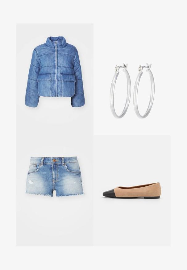 Kort blå denim puffjacka med hög krage, framsdragkedja, två stora platspocket och sydda detaljer hela vägen.; Tre långärmade tröjor staplade: svart, grå och vit. Var och en har en rund halsringning och en kort design med mjukt, lätt material.; Ljust blå denimshorts med en sliten finish, fransad fåll, femficksdesign och en enkel knappstängning framtill.; Beige mockasins med rund svart lädertå, låg klack och mjuk yta, med minimal sömnad och en ren design.; Silverfärgade hoopörhängen med en slät, polerad yta. Rund form och säker klickstängning. Lättviktig design som passar för vardagligt bruk.