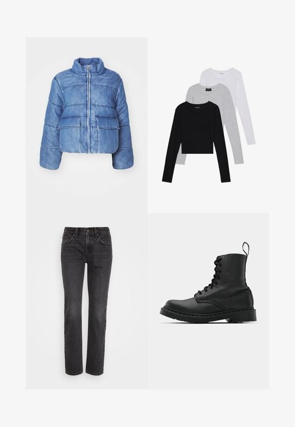 Jachetă puffer din denim albastru, scurtă, cu guler înalt, fermoar frontal, două buzunare mari aplicate și detalii cusute pe parcurs.; Trei bluze cu mânecă lungă așezate: neagră, gri și albă. Fiecare are un guler rotund și un design scurt, realizat dintr-un material fin și ușor.; Jeans din denim negru cu croială dreaptă, având un design clasic cu cinci buzunare, fermoar și cusături contrastante pe margini.; Cizmă de luptă din piele neagră, cu vârf rotund, șireturi în față și o bandă de tragere la gleznă. Dispune de o talpă groasă din cauciuc pentru durabilitate.