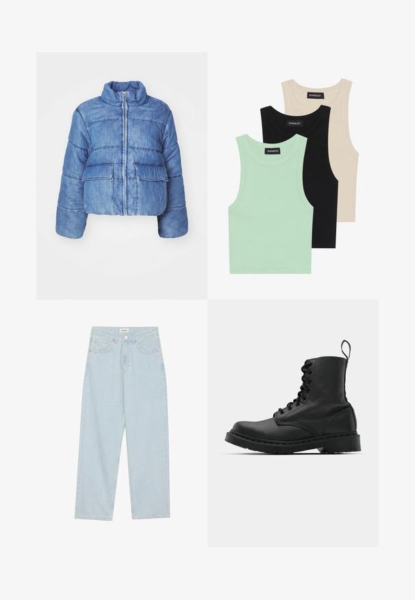 Zkrácená modrá denimová péřová bunda s vysokým límcem, předním zipem, dvěma velkými našitými kapsami a prošíváním po celém povrchu.; Tři tílka v mátové zelené, černé a béžové barvě; vyrobená z žebrované látky s kulatým výstřihem a bez rukávů. Viditelná značková etiketa.; Světle modré široké džíny z denimu, s mid-rise pasem, pěti kapsami a knoflíkovým zapínáním s úzkým kovovým akcentem.; Černá kožená bojová bota s kulatou špičkou, šněrováním vpředu a poutkem na zadní straně u kotníku. Vybavena silnou gumovou podrážkou pro maximální trvanlivost.