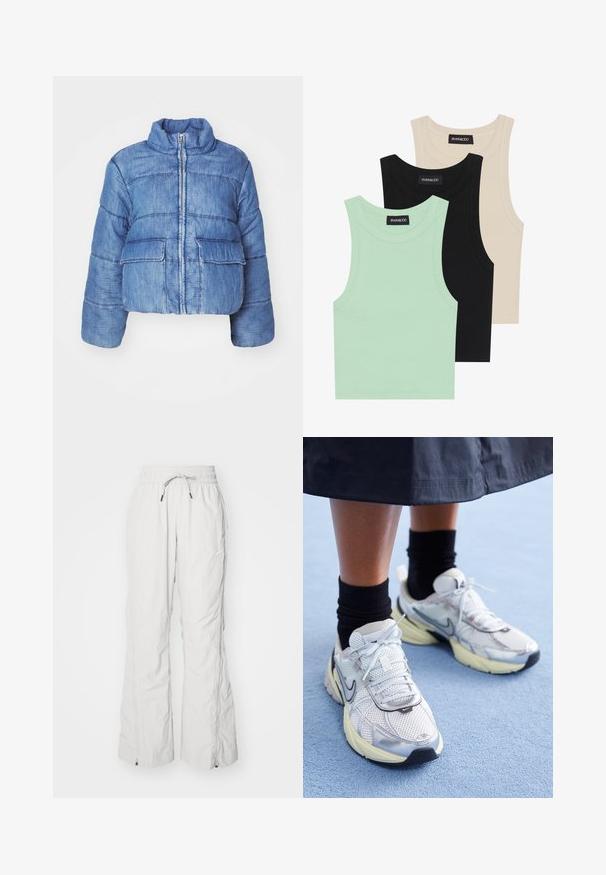 Zkrácená modrá denimová péřová bunda s vysokým límcem, předním zipem, dvěma velkými našitými kapsami a prošíváním po celém povrchu.; Tři tílka v mátové zelené, černé a béžové barvě; vyrobená z žebrované látky s kulatým výstřihem a bez rukávů. Viditelná značková etiketa.; Světle šedé cargo kalhoty vyrobené z texturované tkaniny, s elastickým pasem na šňůrku, bočními kapsami a zipy na kotnících.; Bílé a stříbrné tenisky Nike z prodyšné tkaniny s reflexními akcenty a béžovou podrážkou. Nosené s černými ponožkami, stojící na modrém povrchu.