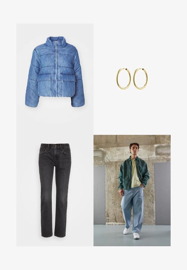 Zrastená modrá riflová puffová bunda s vysokým golierom, predným zipsom, dvoma veľkými náprsnými vreckami a prešitými detailmi po celom povrchu.; Tričko bez rukávov v mätovej zelenej, čiernej a béžovej farbe; vyrobené z rebrovanej tkaniny s okrúhlym výstrihom. Viditeľná značka značky.; Čierne denimové džínsy so strihom rovných nohavíc, ktoré majú klasický dizajn s piatimi vreckami, zips a kontrastné švy pozdĺž švov.; Zelená bomberová bunda cez svetlo žltý polo tričko, v kombinácii s voľnými modrými džínsami a bielymi teniskami. Hladké látky, uvoľnený strih, minimálny hardware.; Zlaté kovové kruhové náušnice s hladkým povrchom, kruhovým tvarom a bezpečným zapínaním. Leštený povrch bez viditeľných vzorov alebo akcentov.