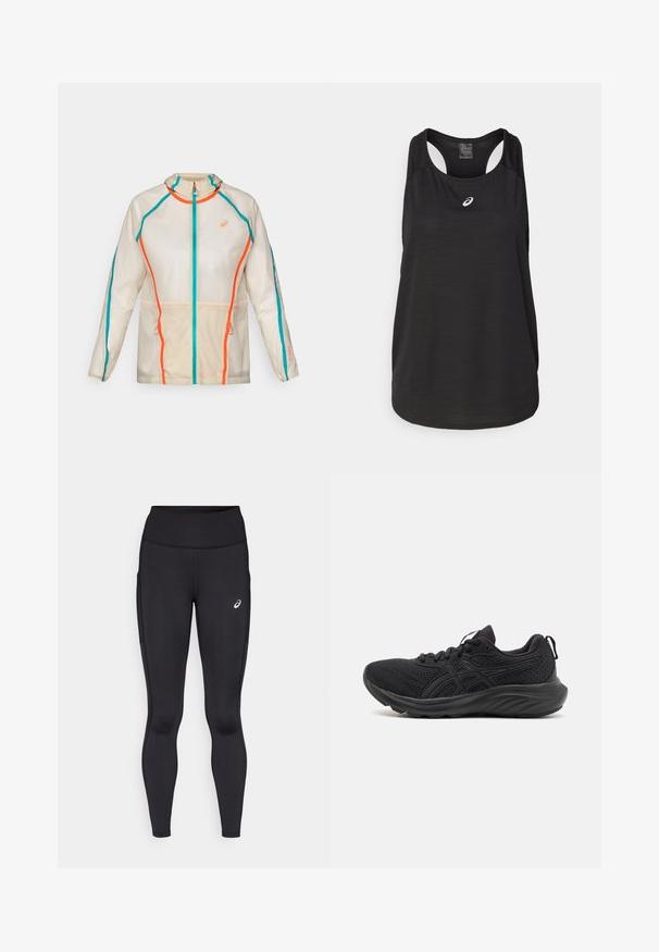 ASICS LIMITED SERIES ROAD PACKABLE JACKET - Bežecká bunda - birch; Čierny športový top na ramienka vyrobený z ľahkého materiálu. Má okrúhly výstrih, dizajn s prekríženými ramienkami a malú bielu značku na prednej strane.; Čierne legíny s vysokým pásom, vyrobené z hladkého, elastického materiálu. Obsahujú nenápadné logo na stehne a bočné vrecká.; Čierne športové topánky s priedušným sieťovým zvrškom, štruktúrovanou podrážkou, okrúhlou špičkou a textúrovaným povrchom. Obsahujú čierne šnúrky a detaily loga.