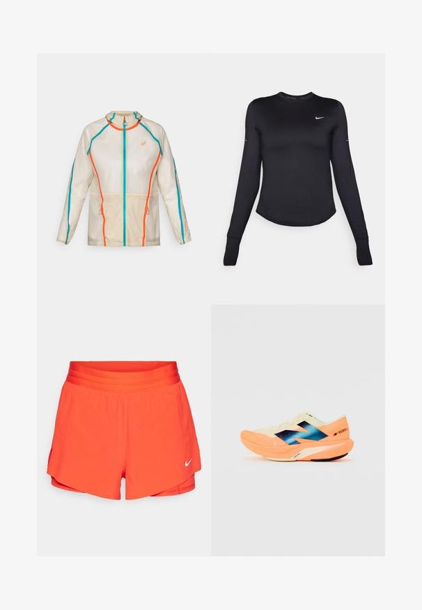 ASICS LIMITED SERIES ROAD PACKABLE JACKET - Chaqueta de running - birch; Camiseta atlética negra de manga larga hecha de material suave y elástico. Presenta un dobladillo redondeado y un pequeño logo blanco de Nike en el pecho.; Pantalones cortos deportivos de un brillante color naranja, con una amplia cintura elástica, forro interior corto y un logo de swoosh en blanco en la parte inferior izquierda.; Zapatilla de running con un upper ligero en color crema, branding azul y acentos naranjas en la suela. Textura de malla para mayor transpirabilidad.