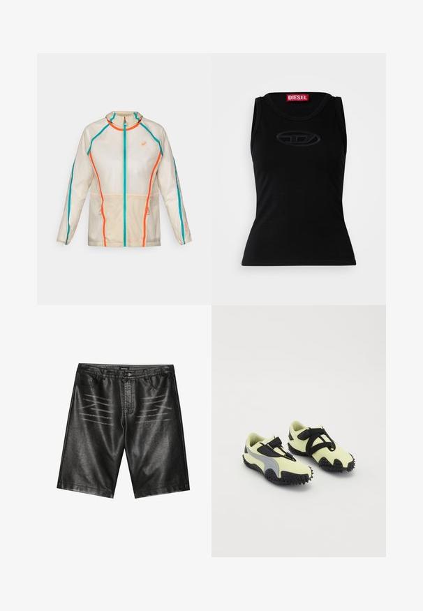 ASICS LIMITED SERIES ROAD PACKABLE JACKET - Bežecká bunda - birch; Čierny bezrukávový top vyrobený z jemnej bavlny, s diskrétnym embosovaným logom na strede a červenou značkovou etikettou v výstrihu.; Čierne šortky z faux kože s hladkým povrchom, piatimi vreckami a jemným páskovaním na prednej strane. Klasický strih rovného strihu.; Obuv s svetložltým zvrškom a čiernymi akcentmi, s bezpečným popruhom a textúrovanou čiernou gumovou podrážkou. Navrhnuté pre trakciu a podporu.