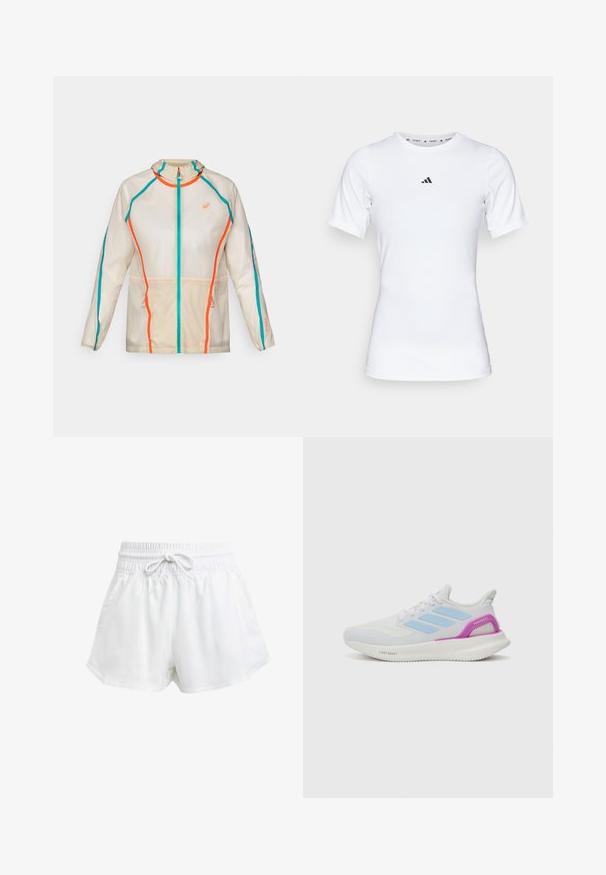 ASICS LIMITED SERIES ROAD PACKABLE JACKET - Running jacket - birch; White athletic shirt with short sleeves, made of smooth, stretch fabric. Features a small black Adidas logo on the chest.; White athletic shorts with an elastic waistband and adjustable drawstring. Made from lightweight material, featuring side pockets and a loose fit.; adidas Performance PUREBOOST 5 - Road running shoes - white/glow blue/purple burst