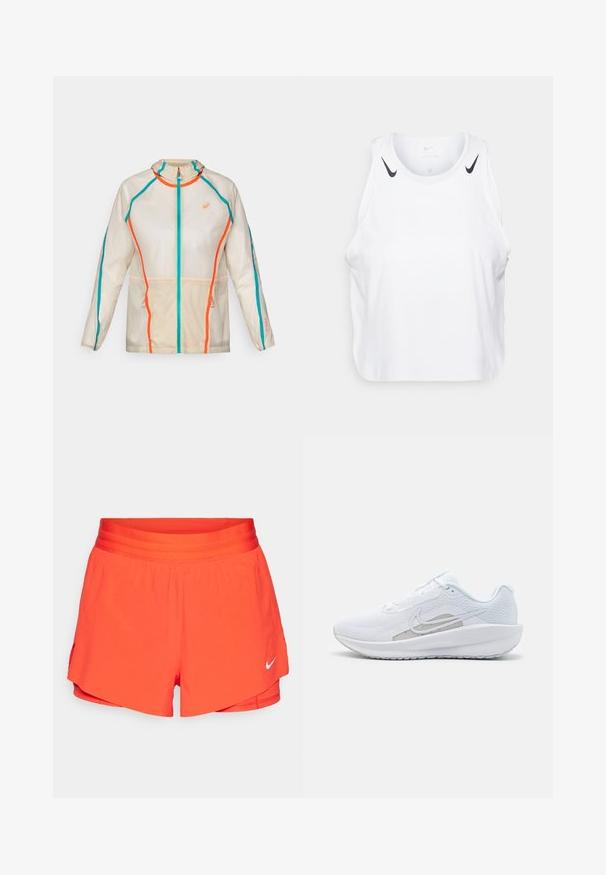 ASICS LIMITED SERIES ROAD PACKABLE JACKET - Laufjacke - birch; Weißes ärmelloses Tanktop aus leichtem Stoff, mit schwarzen Nike-Logo-Akzenten an den Schultern, rundem Ausschnitt und lässigem Schnitt.; Helle orange Sportshorts mit einem breiten elastischen Bund, kurzem Innenfutter und einem weißen Swoosh-Logo auf der unteren linken Seite.; Weißer Sport Schuh mit Mesh-Obermaterial, abgerundeter Zehenpartie und strukturiertem Sohlenprofil. Mit einem silbernen Nike Swoosh und minimalistischem Design.