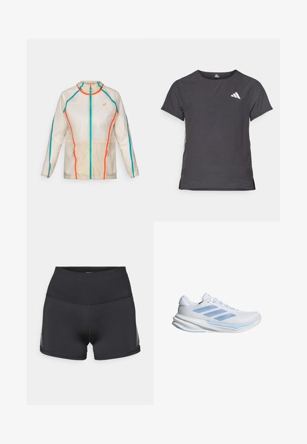 ASICS LIMITED SERIES ROAD PACKABLE JACKET - Giacca da running - birch; T-shirt atletico a maniche corte, grigio scuro con texture perforata. Presenta un logo bianco e strisce laterali a contrasto. Girocollo.; Pantaloncini sportivi neri con vita alta, realizzati in tessuto elasticizzato. Presentano strisce laterali bianche e cuciture flatlock per il massimo comfort.; Scarpe da corsa bianche con accenti blu chiaro, tomaia in rete traspirante, design a tre strisce, soletta ammortizzata e suola con trazione testurizzata.