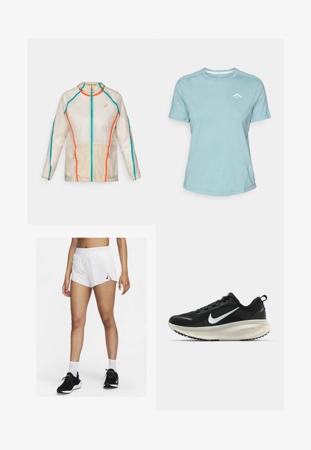 ASICS LIMITED SERIES ROAD PACKABLE JACKET - Laufjacke - birch; Hellblaues T-Shirt mit kurzen Ärmeln aus weichem Stoff, mit Rundhalsausschnitt und einem kleinen weißen Logo auf der Brust. Nahtdetails sind sichtbar.; Weiße sportliche Shorts mit einem gerippten Bündchen, seitlichen Schlitzen und einem schwarzen Nike-Logo. Kombiniert mit schwarzen Turnschuhen und weißen Sportsocken.; Schwarzer Nike-Laufschuh mit atmungsaktivem Mesh-Obermaterial, weißem Swoosh-Logo, strukturierten Details und einer cremefarbenen ZoomX-Zwischensohle.