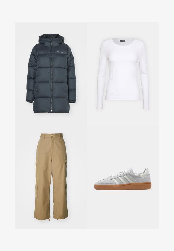 Dark navy puffer jacket with a hood, features a zippered front, horizontal quilted design, and logo on the chest. Material has a smooth texture.; White ribbed long-sleeve top with a round neckline. Made from a stretchy fabric that hugs the body. Features subtle horizontal lines.; Beige cargo pants with a high waist, wide legs, and four large side pockets. Made of durable fabric with a smooth texture and minimal detail.; Light grey suede sneaker with white leather accents, three white stripes, and a brown rubber sole, featuring a padded collar for comfort.