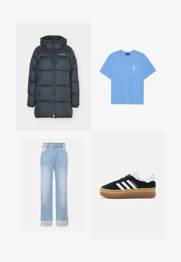 Jachetă matlasată de culoare bleumarin închis cu glugă, are un fermoar pe față, design matlasat orizontal și un logo pe piept. Materialul are o textură fină.; Tricou din bumbac de culoare albastru deschis, cu guler rotund. Prezintă o grafică albă a unei palmieri și text în zona stângă a pieptului. Mâneci scurte.; Even&Odd Wide leg - light blue wash; Tenis cu blăniță neagră, cu accente albe și trei dungi, având un toc alb texturat, talpă din cauciuc și branding "Gazelle".