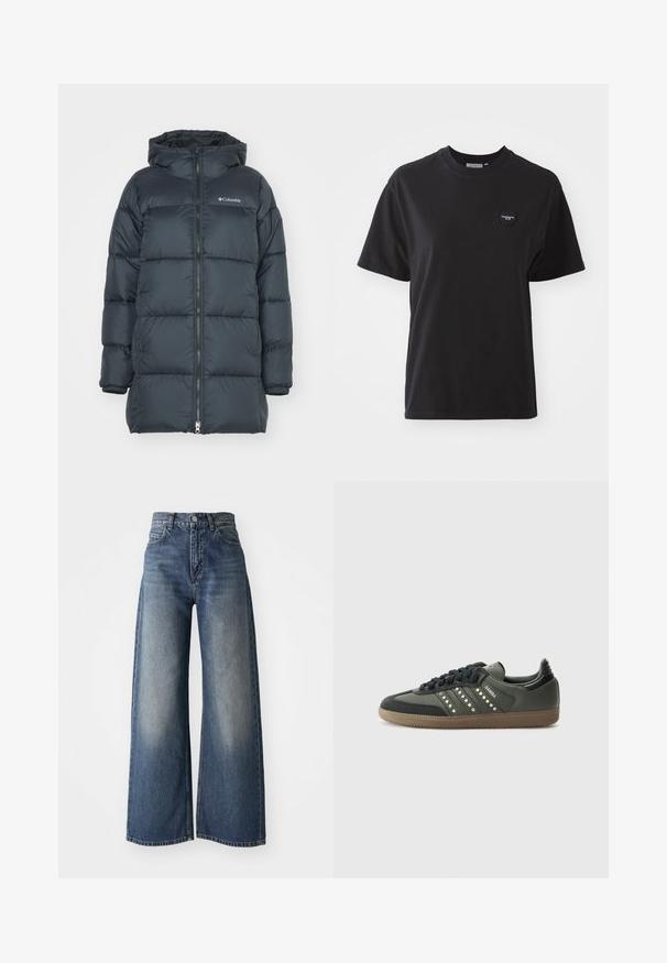Donker marineblauwe pufferjack met een capuchon, voorzien van een ritssluiting aan de voorkant, horizontaal gestikte design en een logo op de borst. Het materiaal heeft een gladde textuur.; Zwarte katoen t-shirt met een ronde hals, korte mouwen en een klein hartvormig logo linksboven. Soepele textuur, comfortabele pasvorm.; Blauwe high-waisted wide-leg jeans met een sluiting aan de voorkant en zakken, vervaagde textuur op de bovenbenen en een rechte zoom.; adidas Originals SAMBA OG - Sneakers laag - core black/legend earth/gum