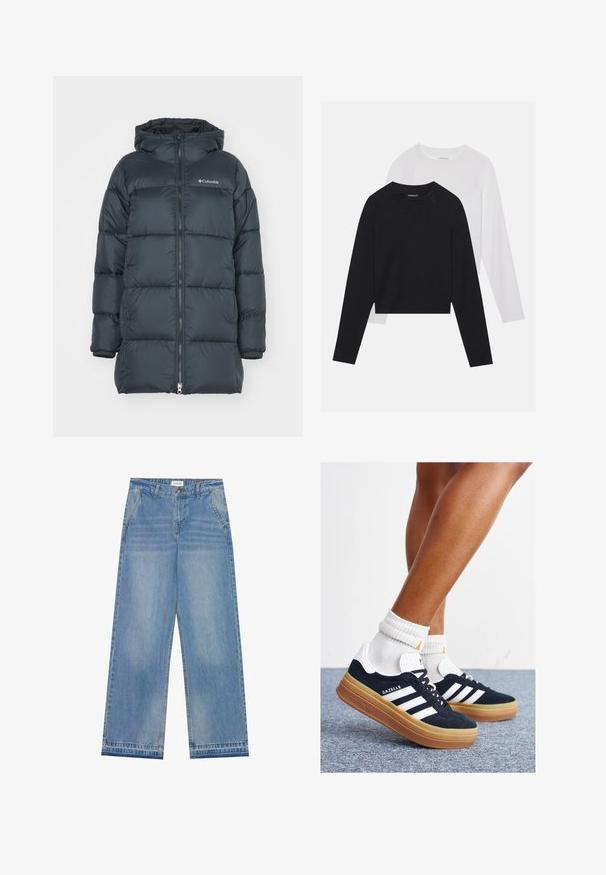 Casaco puff de cor azul marinho escuro com capuz, apresenta um fecho de correr na frente, design acolchoado horizontal e logótipo no peito. O material tem uma textura suave.; Duas camisas de manga longa: uma preta e uma branca. Ambas apresentam um decote redondo, mangas raglan e um tecido macio em mistura de algodão.; Jeans de cintura alta, largura larga, em azul claro, com fecho de botão, bolsos frontais, passantes para cinto e detalhes de desbotamento sutis.; Ténis de camurça preta com riscas e detalhes brancos, biqueira arredondada, sola em borracha cor de goma, combinados com meias brancas caneladas até à altura do tornozelo.