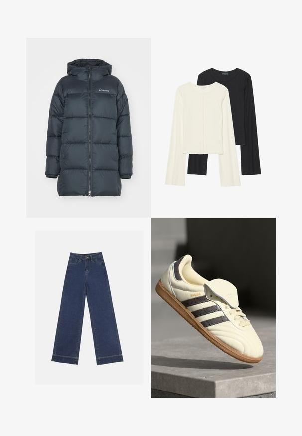 Dark navy puffer jacket with a hood, features a zippered front, horizontal quilted design, and logo on the chest. Material has a smooth texture.; Set of two long-sleeve tops in white and black. Ribbed texture, round neck, fitted design with slightly flared sleeves.; Wide-leg jeans in dark blue denim. Features five pockets, belt loops, and a raw hem at the bottom with visible stitching details.; Cream leather sneaker with three dark stripes, a brown gum outsole, and a rounded toe. Features a foldable tongue labeled "SAMBA."