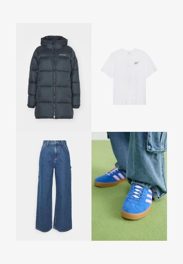 Jachetă matlasată de culoare bleumarin închis cu glugă, are un fermoar pe față, design matlasat orizontal și un logo pe piept. Materialul are o textură fină.; Even&Odd Tricou cu imprimeu - white; Pantaloni din denim albastru cu talie înaltă și picioare largi, cu o cusătură contrastantă și buzunare laterale, având un design clasic cu cinci buzunare și margini brut.; Pantofi din piele întoarsă albaștri cu dungi roz și șireturi albe, având o talpă din cauciuc gumat, asortați cu pantaloni din denim largi pe o suprafață verde.