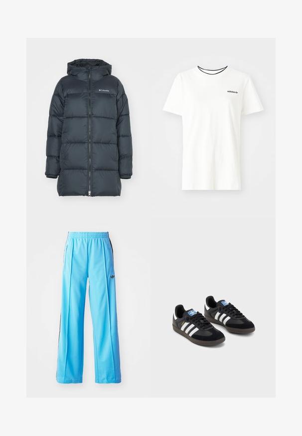 Dark navy puffer jacket with a hood, features a zippered front, horizontal quilted design, and logo on the chest. Material has a smooth texture.; White cotton t-shirt with short sleeves and a round neckline. Features a black Adidas logo on the chest and a contrasting black inner collar.; Light blue athletic pants with an elastic waistband, side zippers, and black side accents. Soft fabric with a loose, wide-leg design.; Black sneakers with a suede and synthetic upper, featuring three white stripes, textured rubber sole, and blue logo tag on the tongue.