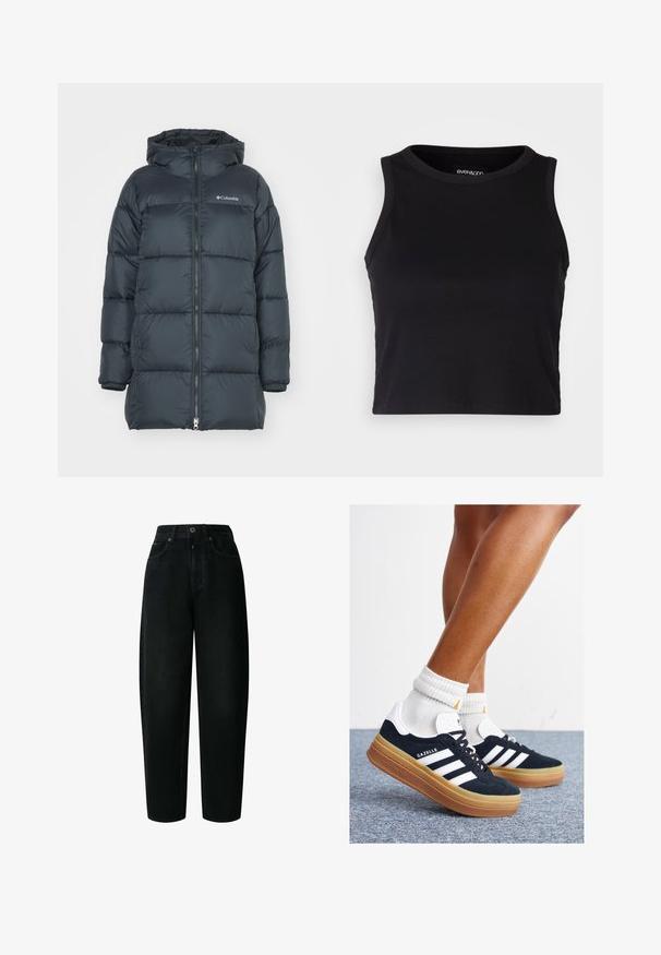 Mørkeblå dunjakke med hætte, har lynlås foran, horisontalt quiltet design og logo på brystet. Materialet har en glat tekstur.; Sort ribbet crop tank top med rund halsudskæring og ærmeløs design. Fremstillet af blødt, strækbart stof, med rene kantede kanter.; Sorte denim højtaljede jeans med løs pasform, der har forlommer, bæltestropper og messingknapdetaljer. Glat tekstur, slidstærkt materiale.; Sorte sneakers i ruskind med hvide striber og detaljer, rundet tå, ydersål i gummi, kombineret med hvide ribstrikkede crew sokker.