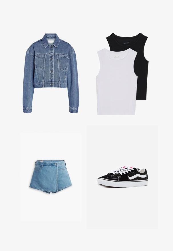 Jaqueta de ganga cropped em azul claro, com um colarinho clássico, fecho de botão e dois bolsos no peito com um acabamento de tecido texturizado.; Duas blusas sem mangas em preto e branco, feitas de algodão canelado, com decotes redondos e um design ajustado. Etiquetas visíveis em ambas.; Bermuda de ganga em azul claro, com um design envolvente, bolsos frontais e fecho com botão metálico. Textura suave com bordas cosidas.; Sapatilhas de camurça preta com atacadores brancos, apresentando uma proeminente faixa lateral branca e sola de borracha preta, destacando detalhes de costura em contraste.