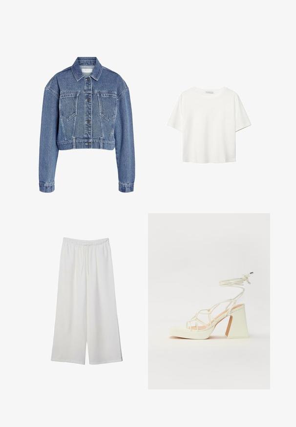 Kappad denimjacka i ljusblått, med klassisk krage, knappstängning och två bröstfickor med en texturerad tygfinish.; Vit t-shirt med kort ärm i bomull. Har en rundad halsringning och en avslappnad passform. Slät textur utan synliga mönster eller detaljer.; Vita vida byxor i lätt tyg med elastisk midja och dragsko för justerbar passform. Mjuk textur.; Vit högklackad sandal med en kraftig klack, med ett remdesign och ankelband. Slät textur med en plattform framtill för ökad höjd.