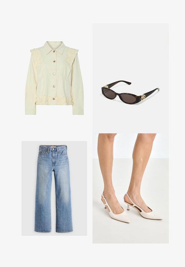 Chaqueta color crema con cierre de botones, que presenta bordados florales en los hombros y el dobladillo. Fabricada con un tejido suave y con mangas alargadas.; Top de cuello alto de manga larga en un color beige claro. Hecho de una tela suave y elástica con un corte holgado y un cuello doblado.; Pantalones vaqueros de mezclilla de corte ancho en azul claro, con cintura alta, zonas desteñidas, cinco bolsillos y costuras en contraste. Cierre clásico con botón y cremallera.; Tacones slingback de charol beige con punta afilada y un tacón de 5 cm, con lados recortados y una delgada correa en el tobillo.; Gafas de sol carey con lentes ovalados alargados, tintado marrón, acentos de logo dorado en las patillas y brazos negros elegantes.; Bolso de cuero crema curvado con una sola correa, herrajes dorados y un sutil logo en la parte inferior. Cierre de cremallera a lo largo del borde superior.