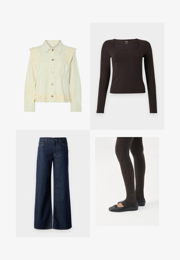 Crème-kleurige jas met knopenfront, voorzien van bloemenborduurwerk op de schouders en de zoom. Gemaakt van zachte stof met verlengde mouwen.; Zwarte lange mouwen, getailleerde top met een vierkante halslijn, gelabeled GAP, weergegeven op een witte achtergrond.; Stijlen met wijde pijpen in donkerblauw denim. Kenmerkt zich door contrasterende stiksels, vijf zakken en een knoopsluiting in de taille. Soepele textuur.; Zwarte platte schoenen met een kleine strikdetail op de neus, gecombineerd met donkerbruine geribbelde panty’s. De schoenen hebben een gladde textuur en een lage profiel.