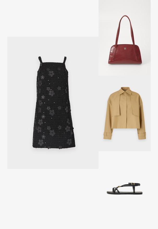 Kropts khaki žakets no gludas auduma, ar izteiksmīgu apkakli, pogu aizdari un piedurknēm ar regulējamām siksnām.; Melna bezroku kleita ar kvadrātveida izgriezumu, teksturētu audumu, rotāta ar melnu ziedu aplikācijām un spīdumiem visā dizainā.; Melni ādas sandales ar plāniem siksniņām un ar sprādzi regulējamu potīšu siksnu. Plakans zole ar teksturētu virsmu un zigzaga malu. Minimalistisks dizains.; Sarkans, kvadrāta izšūtas rokassomas, izgatavotas no spīdīga materiāla, ar divām garām rokturiem un sudraba logotipa akcentu. Diagonālie šuvumi veido tekstūru.