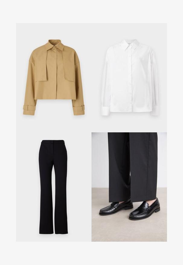 Kropts khaki žakets no gludas auduma, ar izteiksmīgu apkakli, pogu aizdari un piedurknēm ar regulējamām siksnām.; Balta, garām piedurknēm, ar pogām aizpogājama krekla no gludas kokvilnas šķiedras. Tam ir klasiskā apkakle, priekšējā aizpogājamā daļa un noapaļotas aproces.; Melni bikses ar taisnu griezumu, gludu struktūru un jostasvītru ar vienu pogu. Nav redzami modeļi vai akcenti.; Melnas ādas loafers ar gludu apdari, šūšanas detaļām ap pirkstu un zemu gumijas zoli. Saskaņoti ar platām melnām biksēm.