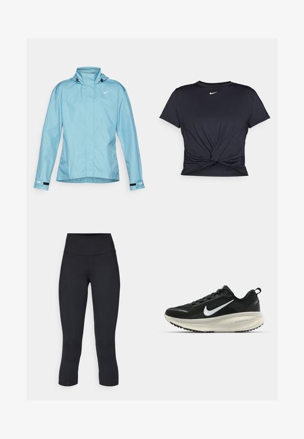 Šviesiai mėlynas Nike džemperis su gobtuvu, visiškai užtraukiamas, elastingi rankogaliai ir reguliuojama apačia. Sklandžią tekstūrą ir minimalistišką dizainą.; Juodas sportinis marškinėlis, pagamintas iš lygios medžiagos, su surišta priekiu ir mažu baltu Nike logotipu ant krūtinės.; Juodos apkarpytos legginsai, pagaminti iš tamprios medžiagos, su aukšta juosmens linija ir glotnia tekstūra, be matomų raštų ar detalių.; Juodas Nike sportinis batelis su kvėpuojančiu tinklu, baltu swoosh logotipu, tekstūruoto dizaino detalėmis ir grietinėlės spalvos ZoomX viduriu.