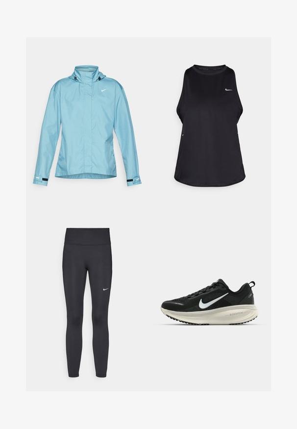 Giacca Nike azzurra chiara con cappuccio, zip frontale completa, polsini elasticizzati e orlo regolabile. Tessuto morbido e dettagli di design minimalisti.; Canotta da corsa nera senza maniche realizzata in materiale leggero con collo rotondo; presenta un logo discreto e fessure laterali per la traspirabilità.; Leggings neri realizzati in tessuto elasticizzato, con una vita alta e un logo Nike bianco sulla coscia sinistra. Tessuto liscio, design aderente.; Scarpa da corsa nera Nike con tomaia in rete traspirante, logo Swoosh bianco, dettagli testurizzati e intersuola ZoomX di colore crema.