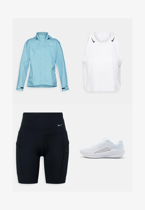 Lyseblå Nike-jakke med hette, full frontlås, elastiske mansjetter og justerbar hem. Glatt tekstur og minimalistiske design detaljer.; Hvit ermeløs tanktop laget av lett materiale, med svarte Nike-logo aksenter på skuldrene, rund hals og avslappet passform.; Svart høyverdig trening shorts laget av elastisk materiale; har sidelommer og en liten Nike-logo på midjen.; Hvit sportssko med mesh-overdel, rund tå og teksturert såle. Har en sølvfarget Nike swoosh og et minimalistisk design.