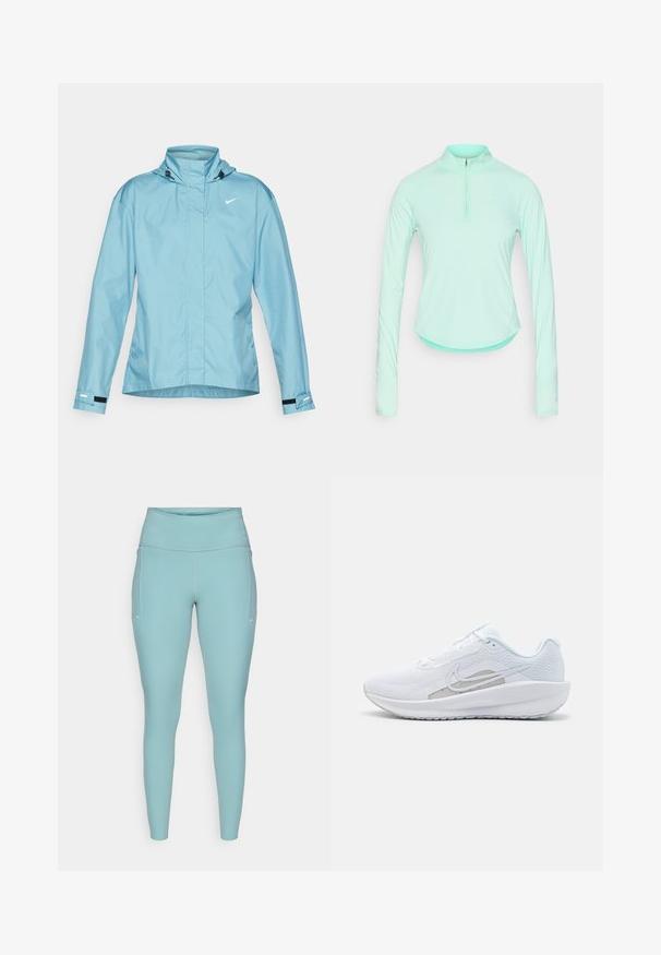 Jasnoniebieska kurtka Nike z kapturem, z pełnym zamkiem błyskawicznym, elastycznymi mankietami i regulowanym dołem. Gładka faktura i minimalistyczne detale designu.; Miętowa, długosleeve'owa koszulka sportowa z zamkiem przy kołnierzu, posiadająca dopasowany krój i gładki, lekki materiał.; Jasnoniebieskie legginsy wykonane z elastycznego materiału, z wysokim pasem, bezszwowym wzornictwem i minimalnymi białymi akcentami po bokach.; Białe sportowe buty z siateczkową cholewką, zaokrąglonym noskiem i teksturowaną podeszwą. Posiadają srebrny logo Nike i minimalistyczny design.