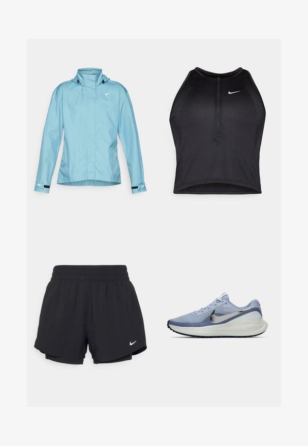 Jachetă Nike de culoare albastru deschis, cu glugă, fermoar pe întreaga lungime în față, manșete elastice și hem ajustabil. Textură netedă și detalii de design minimaliste.; Top sportiv black, cu croială scurtă, cu fermoar în față, accente din plasă și un design ajustat. Fabricat dintr-un material elastic și respirabil. Logo-ul Nike pe față.; Shorts atletici negri cu un talie elastică strânsă, căptușeală interioară și logo-ul alb Nike în partea stângă jos. Material neted și ușor.; Adidași de alergare Nike în nuanțe de albastru deschis și alb, cu swoosh argintiu, suprafață din plasă respirabilă, talpă căptușită și tread negru pe talpă.