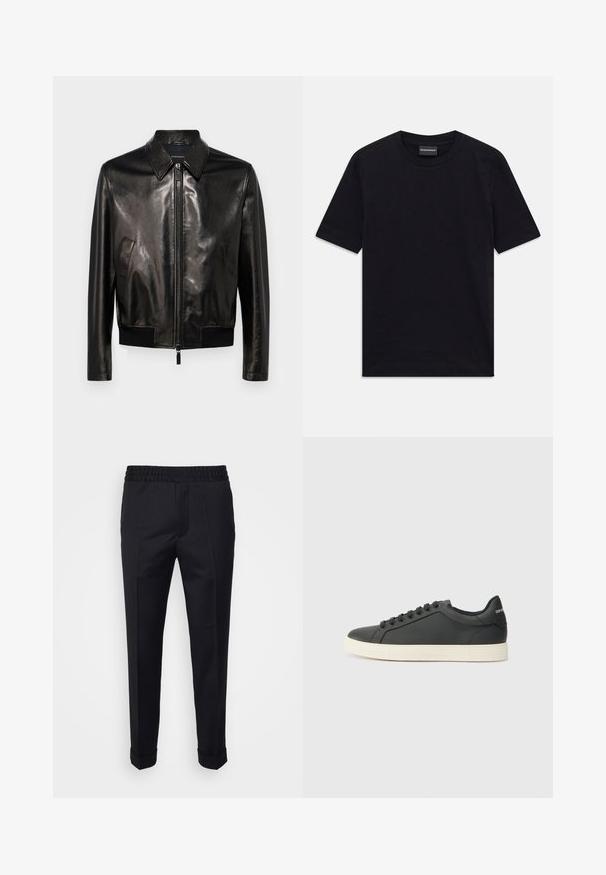 Emporio Armani BLOUSON - Kožená bunda - black beauty; Čierne tričko s krátkym rukávom a okrúhlym výstrihom so subtílnym embosovaným vzorom a značkovou nášivkou vo vnútri goliera, položené na bielom pozadí.; Čierne nohavice vyrobené z ľahkej tkaniny, so elastickým pásom, bočnými vreckami a rolovanými manžetami. Hladká textura s prednými skladmi.; Čierne kožené tenisky s nízkym profilom, zaoblenou špičkou a šnurovaním; obsahujú textúrovanú gumovú podrážku a logo na päte.