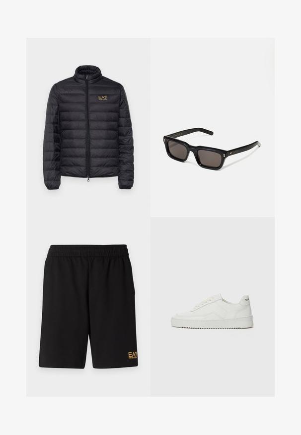 Black puffer jacket with a high collar, horizontal quilting, zip closure, and a gold logo on the left chest. Smooth, lightweight fabric.; White cotton t-shirt featuring a round neckline and short sleeves, with a gold EA7 Emporio Armani logo printed on the front.; Black athletic shorts made of soft fabric,Featuring an elastic waistband and a small yellow EA7 logo on the lower left leg.; White leather sneaker with a smooth finish, round toe, flat laces, and a textured sole. Features a subtle logo on the heel.; Black rectangular sunglasses with dark lenses, thick plastic frame, gold accents on temples, and brand logo engraved on the arm.